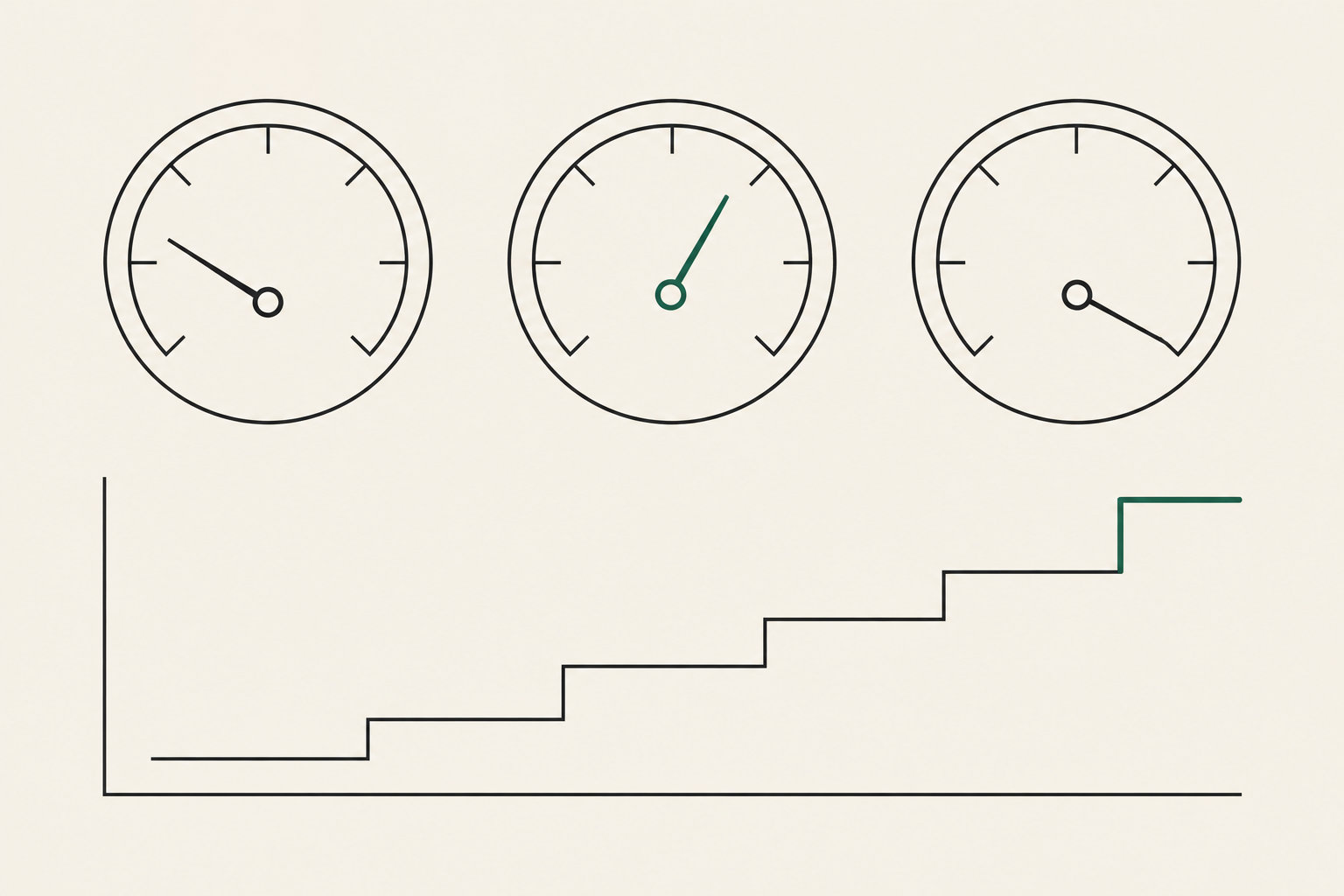 Line illustration: dashboard gauges above a rising stepped chart