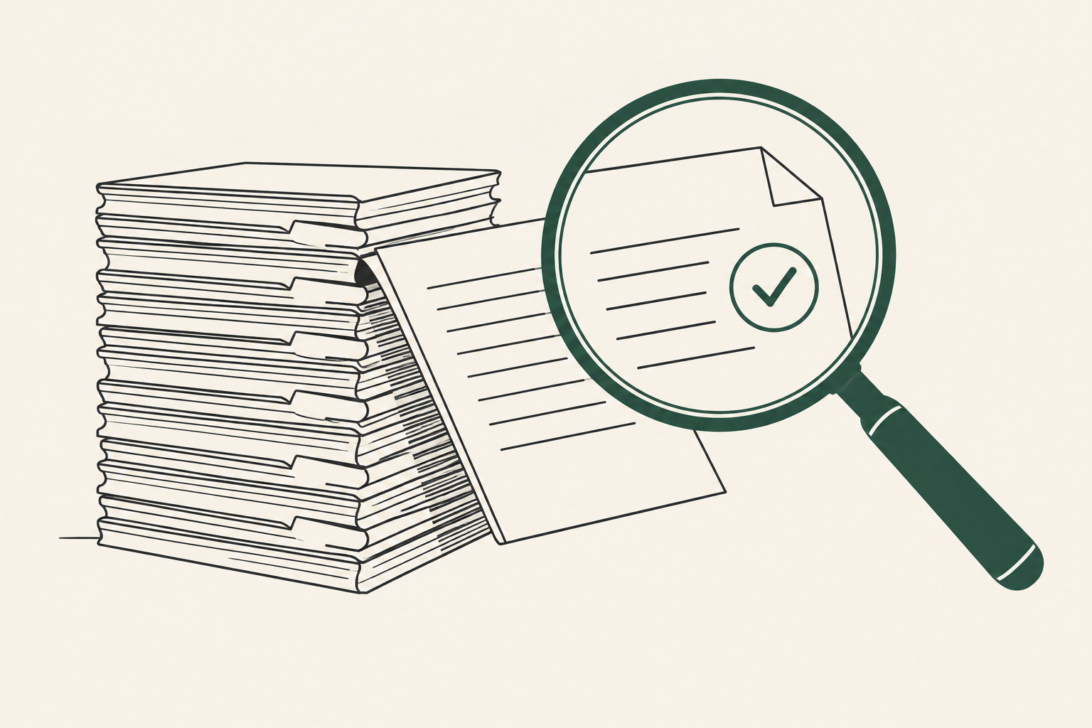 Line illustration: a stack of loan files with one document under a magnifying glass revealing a checkmark
