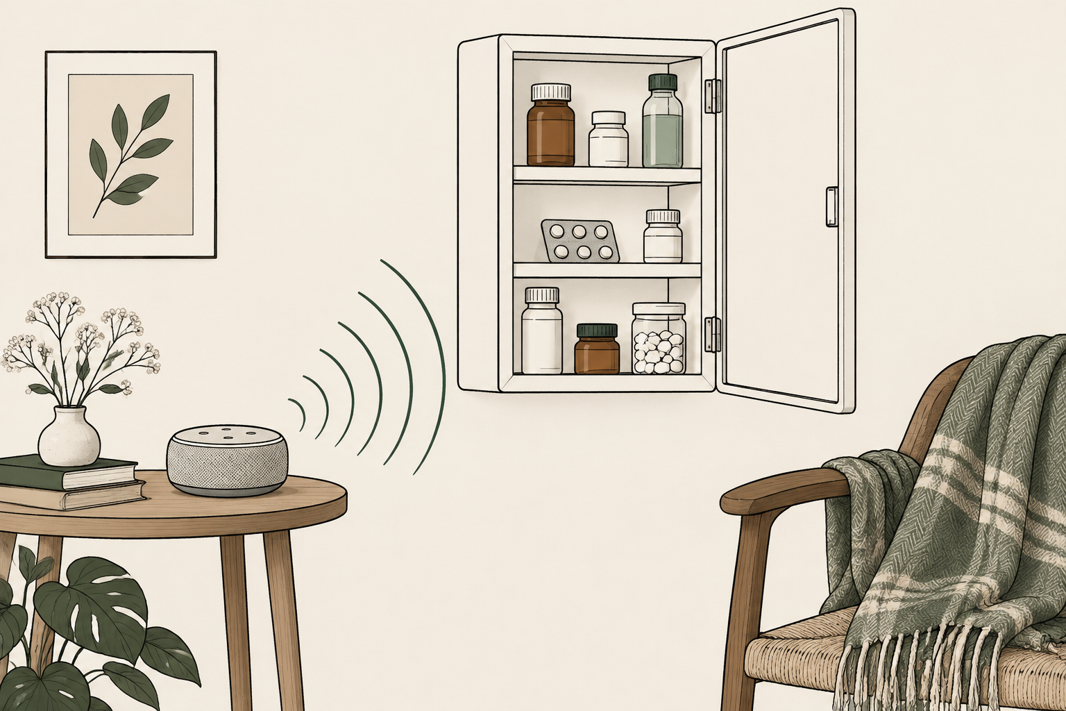 Illustration: a voice speaker emitting sound waves toward an open medicine cabinet beside a draped shawl