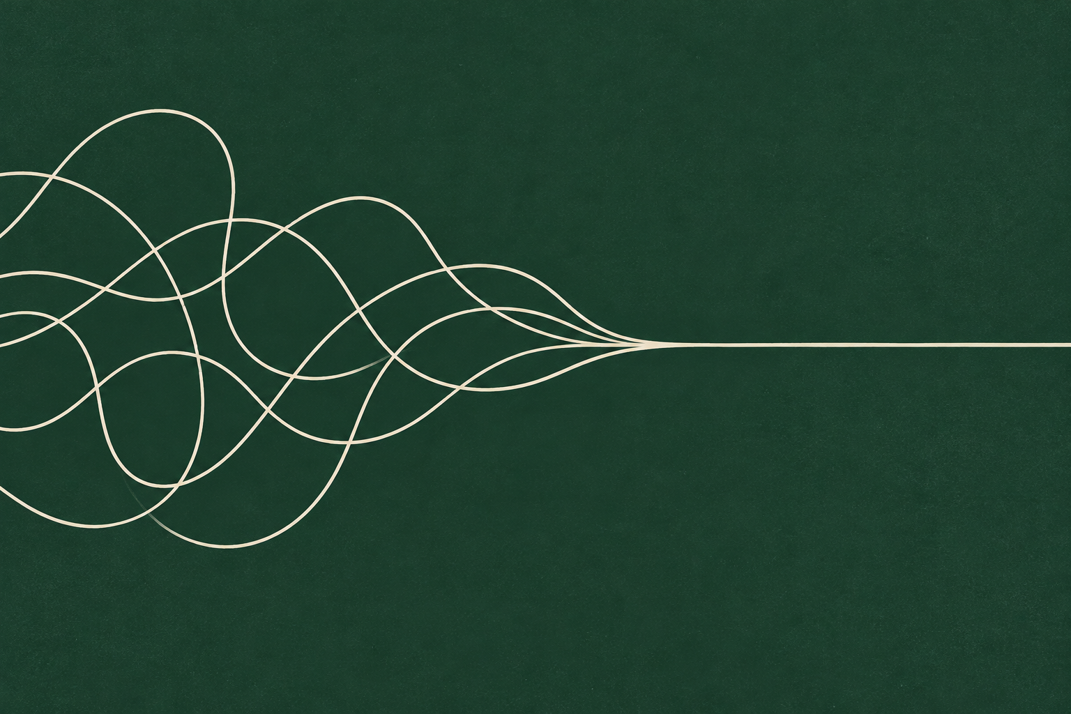 Editorial illustration: tangled cream lines on deep green resolving into a single clean line